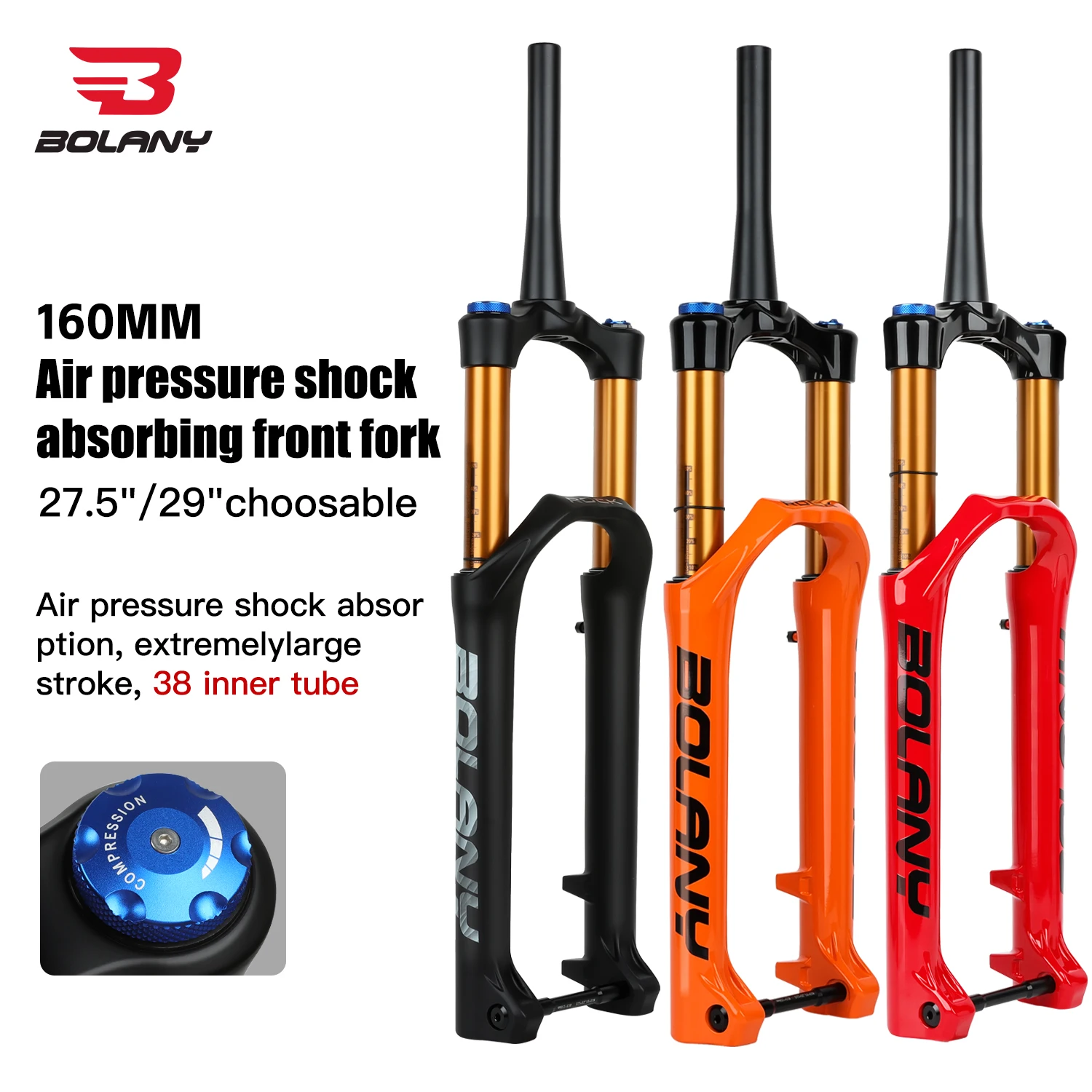 

BOLANY 38mm Stanchion Bike Fork MTB Suspension Air Fork 27.5/29 inch 160mm Trave MTB Fork Damping Rebound Adjustable 15x110mm