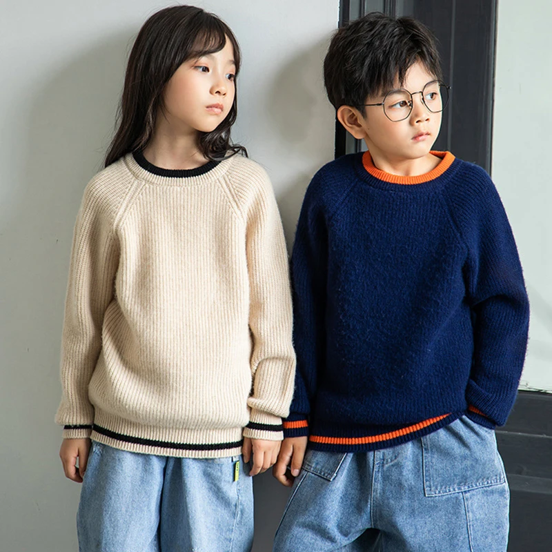 

Boys sweater 100% Wool Kid cashmere Splicing Sweater Children Solid O-neck Woolen sweater Girl Long sleeved pullover Sweater Top