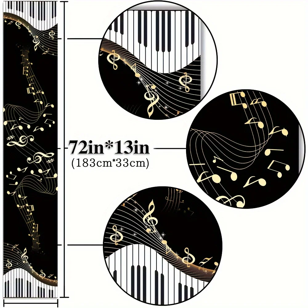 Piano Keyboard Music Notes Pattern Linen Table Runner Elegant Dresser Scarf for Washable Kitchen School Holiday Party Home Decor