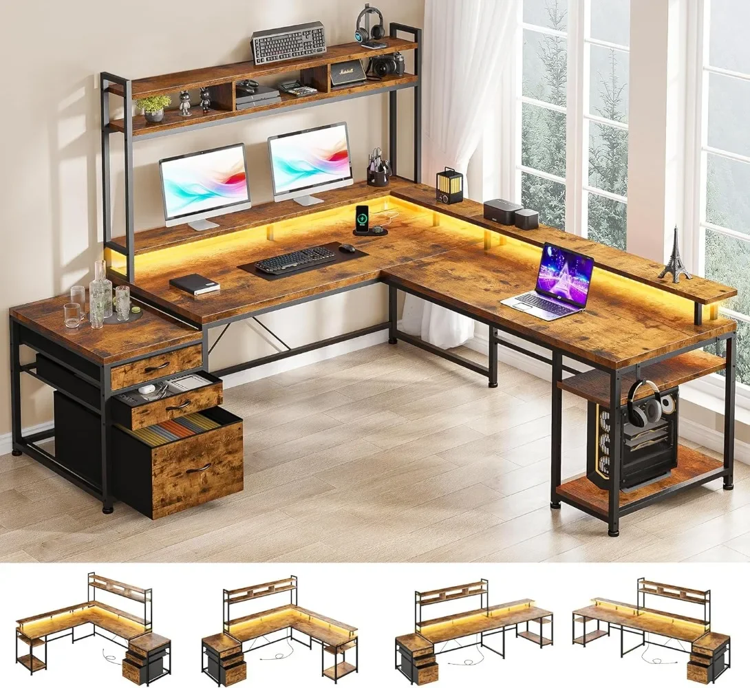 Shaped Desk with Drawers Reversible Large L Shaped Gaming Desk withShelf Gaming Desk with Monitor Stand Power  Outlet Wide