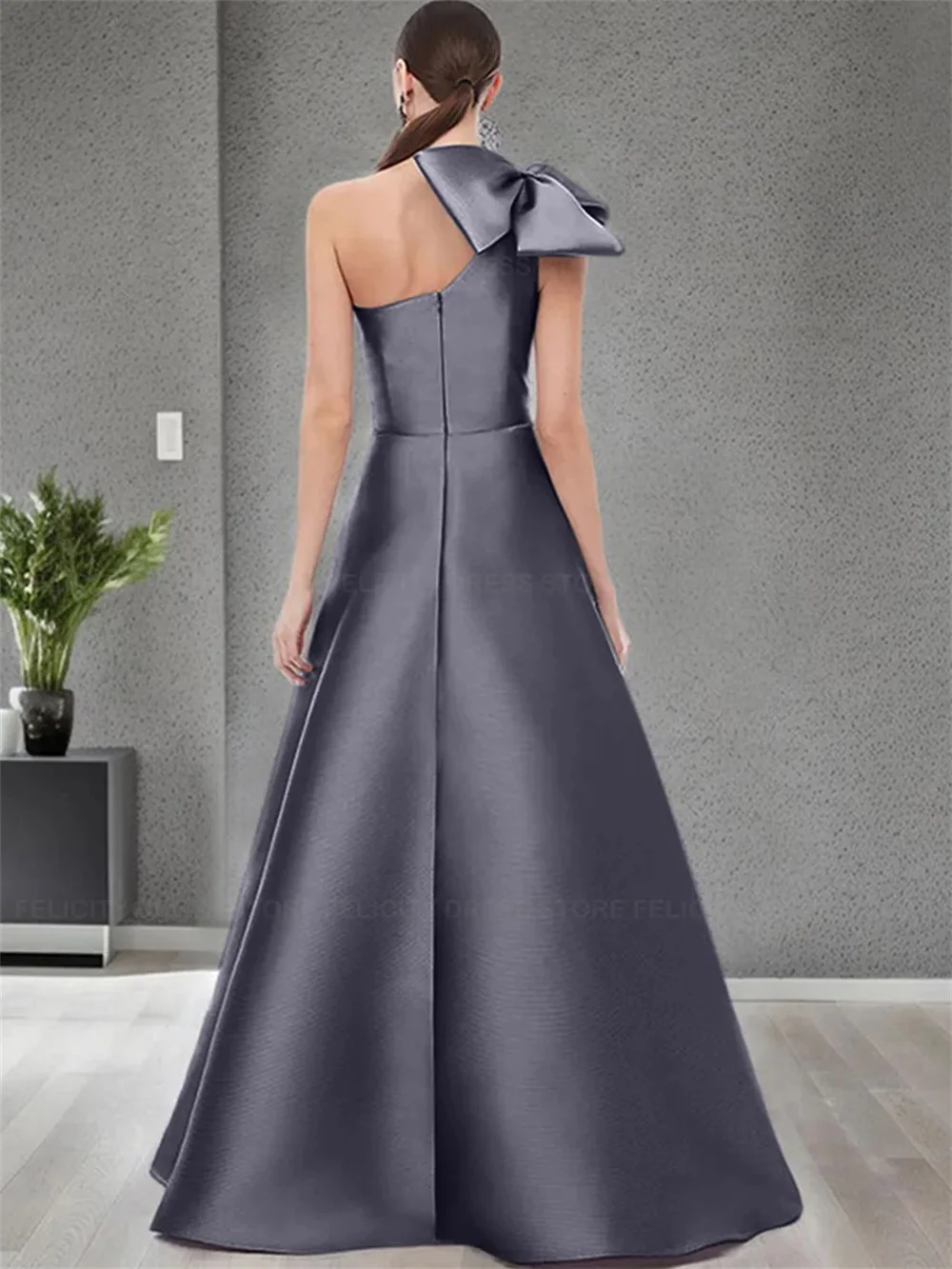 Cathy One Shoulder Satin Wedding Dresses Bow A-line vestidos de noche Elegant Sleeveless Zip Back Floor-length Formal Evening