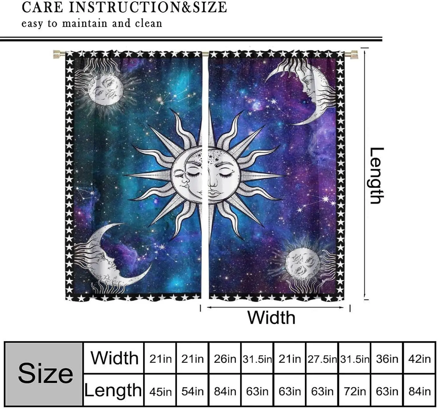 Sun Moon Face Galaxy Rod Pocket Curtain Purple Blue Nebula Star Constellation Mystic Print Decor For Bedroom Living Room Home