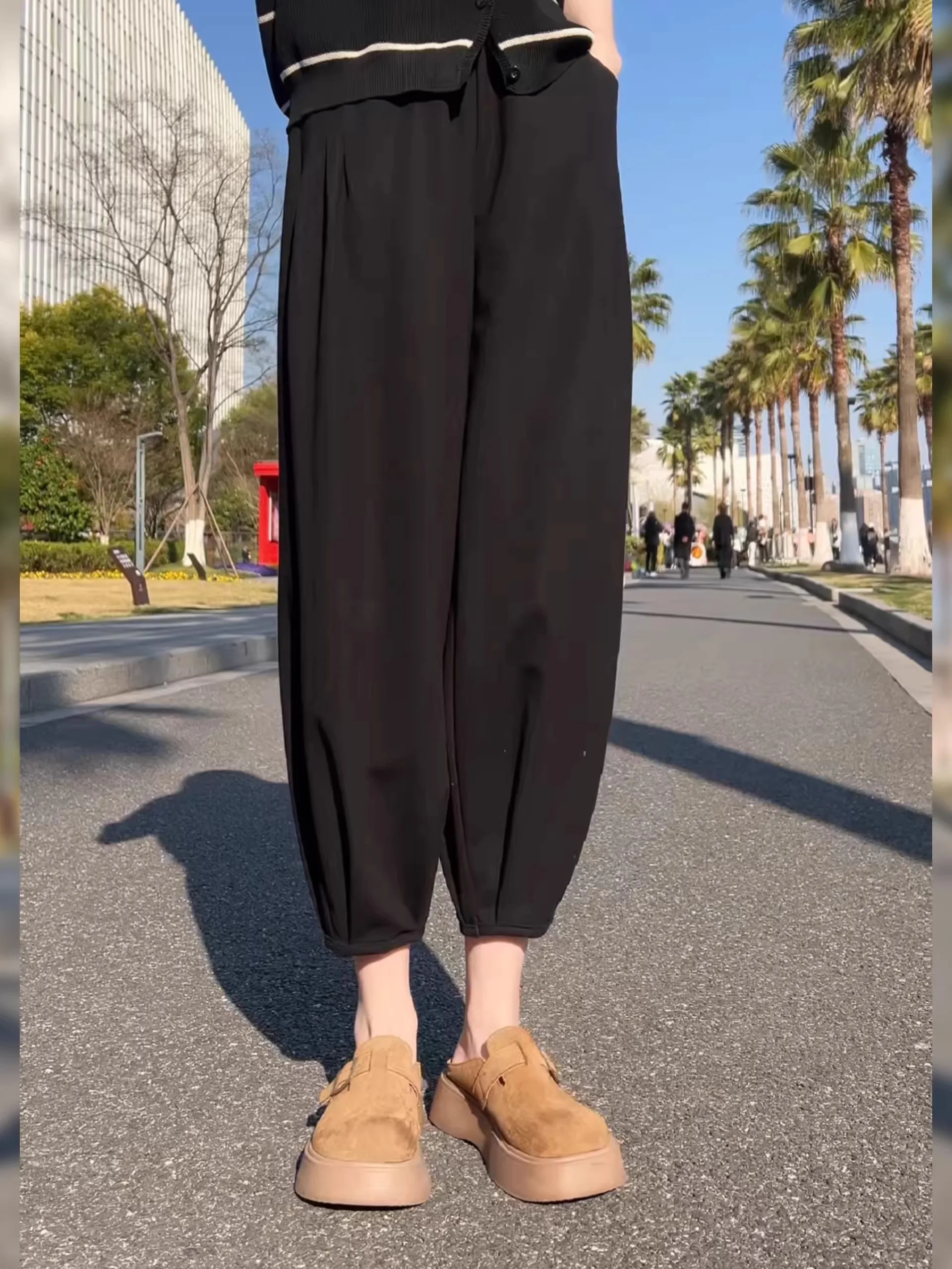 

Женские повседневные брюки Bla с высокой талией, больших размеров, свободного кроя, в стиле Harlan, укороченные (длиной 7/8), корейский стиль, однотонные, для офиса и повседневной носки