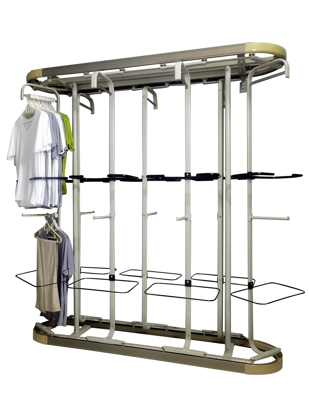 Multifunctional cloakroom cabinet with floor mounted metal hanger