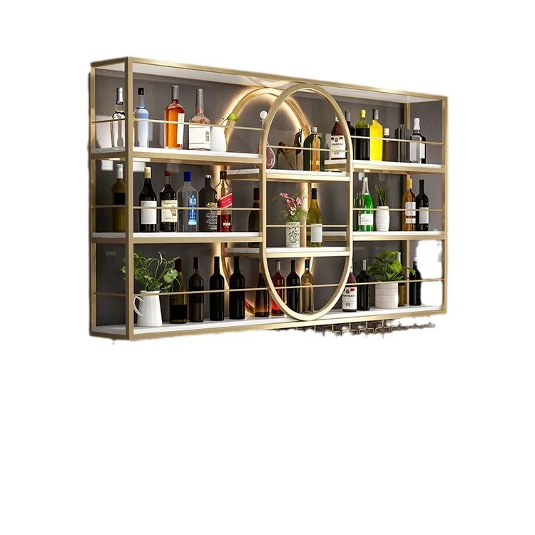 Luxury Display Cabinet Restaurant Wall Storage Luminous Wrought Iron Wine Rack Wall Mounted