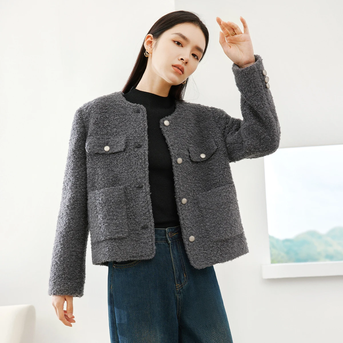 VIMLY موضة سترات دافئة للنساء شتاء 2025 جديد س الرقبة طويلة الأكمام معاطف الصلبة عادية تخفيف القمم الملابس النسائية A0078