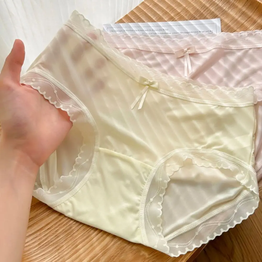 Bragas de seda helada con lazo para mujer, ropa interior transparente de malla de cintura media sin costuras, ropa interior de entrepierna de algodón, regalos, 5 uds.
