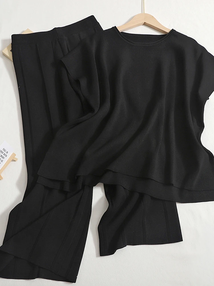 Terno feminino de malha sem mangas e calças largas, conjunto feminino de 2 peças, malha, elástico na cintura, monocromático, novo, verão, 2023
