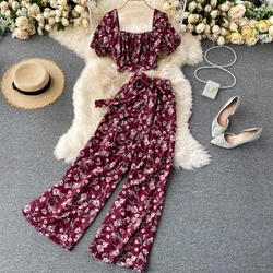 Women Autumn French Boho Floral Suits Square Collar Puff Sleeve Short Tops+High Waist Wide Leg Pants Two Pieces Set