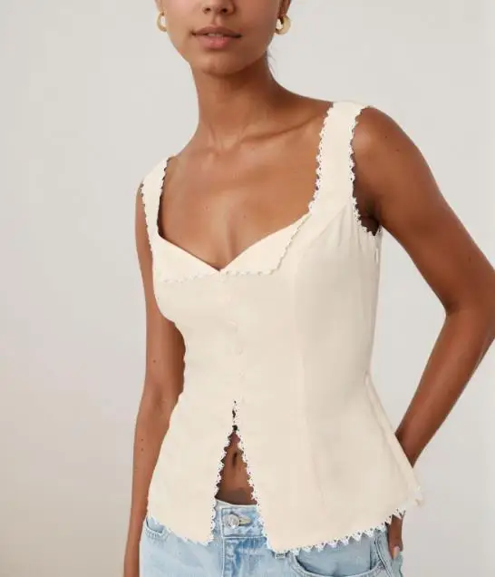 

2026 Summer Casual Vintage Women's Cotton Elegant Sexy Hemp Lace Splice Fashion Buckle Strap Solid Sleeveless Vest Top