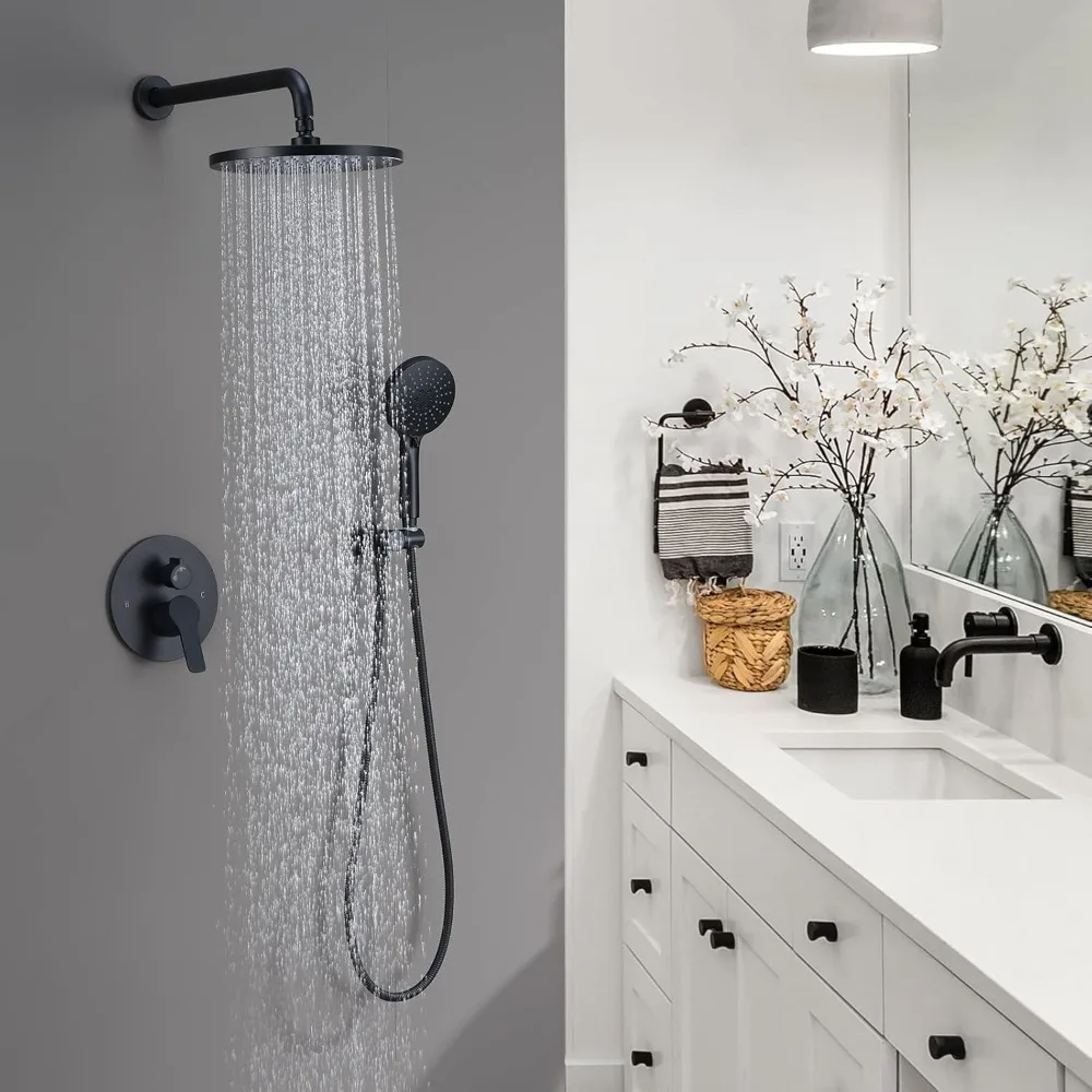 Shower System- High Pressure Shower Head- 3 Setting Headheld Shower Head Fixtures- Shower Valve Included (Matte Black)