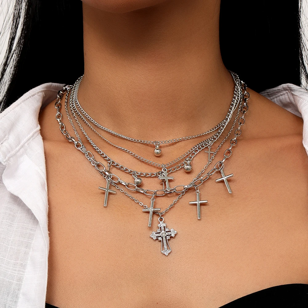 Neue Silber Farbe Kreuz Anhänger Halskette Multilayer Metall Punk Choker Halsketten Kette Frauen Schmuck Geschenke