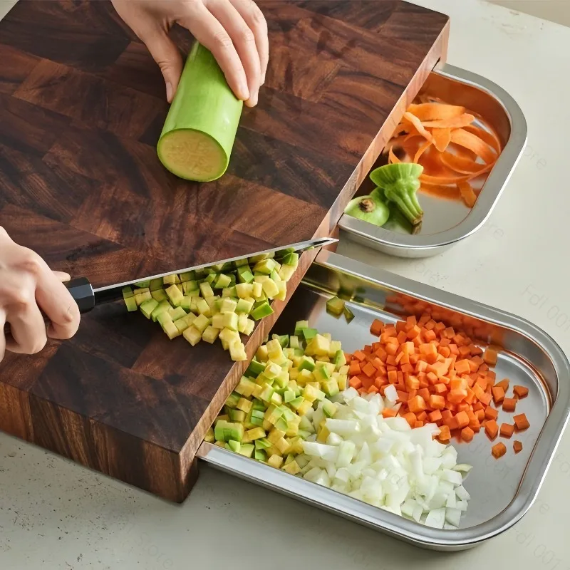 Walnut Wood Cutting Board with Stainless Steel Tray Kitchen Fruit Vegetable Chopping Board Serving Platter