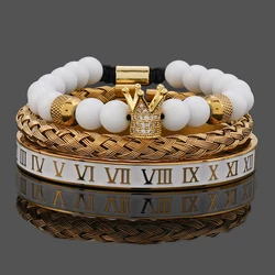 Luxury White Stone Beads Crown Leopard Head Man Bracelet Enamel Stainless Steel Roman Bangles Women Cross Jewelry Set