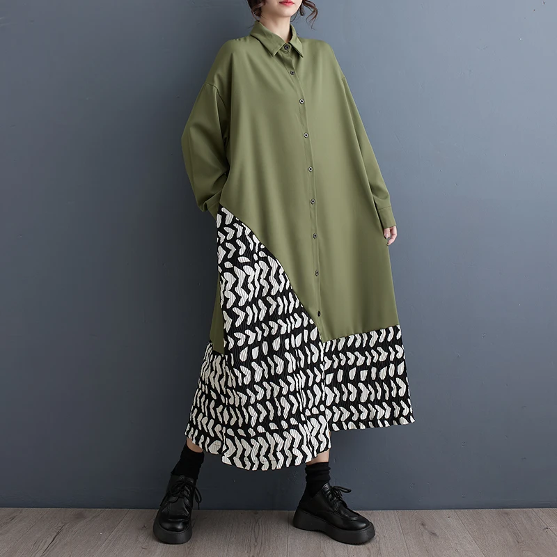 

SuperAen 2024 Spring New Loose Casual Print Spliced Shirt Dress Fashion Korean Style Long Shirt Dress