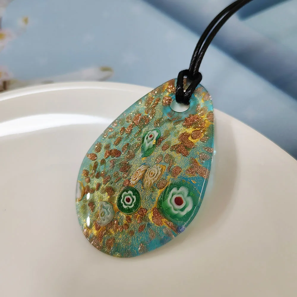1PCS Green Blue Droplet Ellipse Glass Muran Crystal Flower Pendant Necklace For Women Floral Swirl Lampwork Cheap Item Jewelry