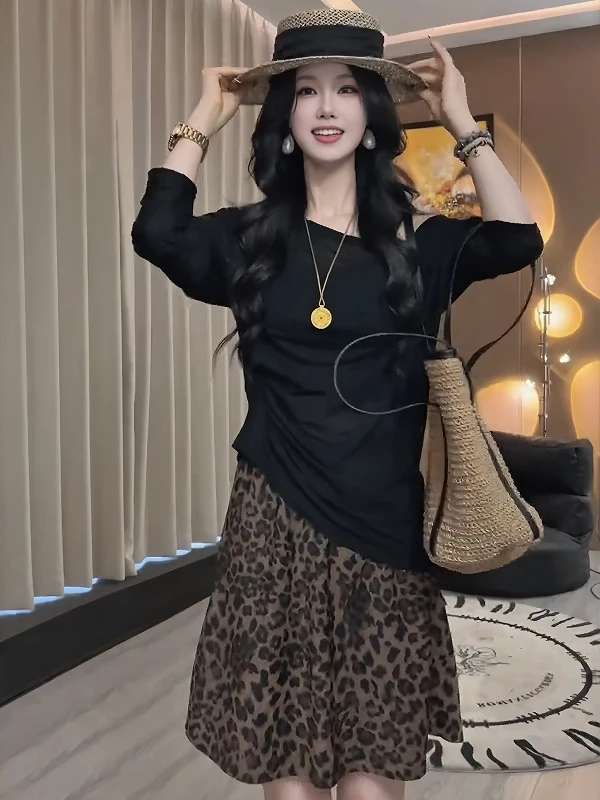 

Summer Thin Black Lightweight Long Sleeve Sun Protection Cover up T-Shirt Top Women's Design Leopard Print Skirt Two Pie...