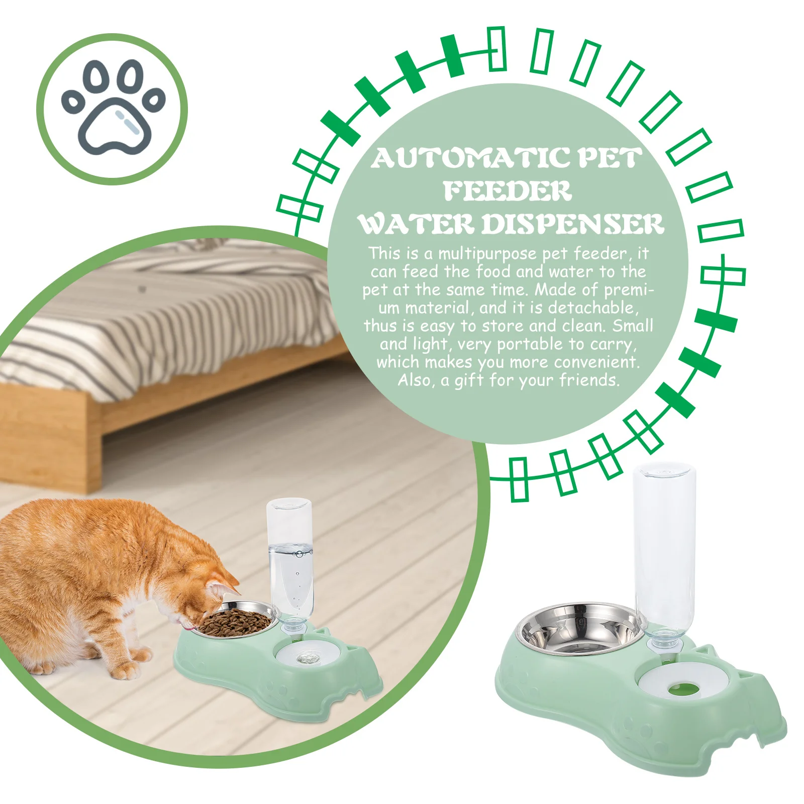

1Set Automatic Pet Feeder Dual Use Food Water Dispenser Detachable Safe Bite Resistant Easy Clean Portable Gift