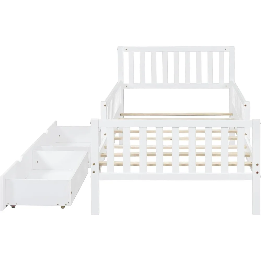 เตียงไม้ขนาดทวินไซส์พร้อมลิ้นชักเก็บของและราวกั้นสำหรับเด็ก