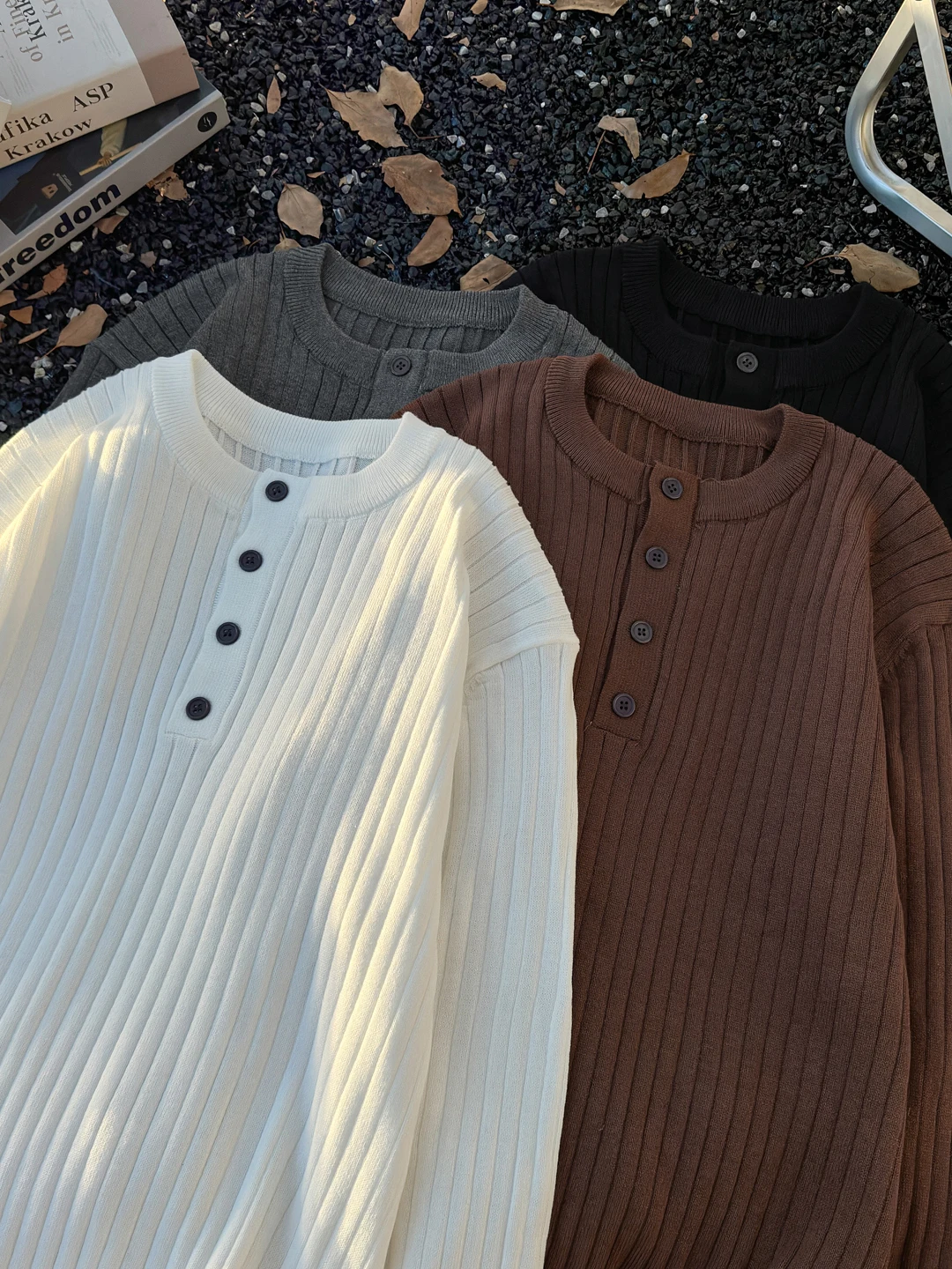 

Casual Henry Collar Knitwear for Men Spring Autumn Versatile American Sle Lazy Faion Long Sve Warm Striped Sweater