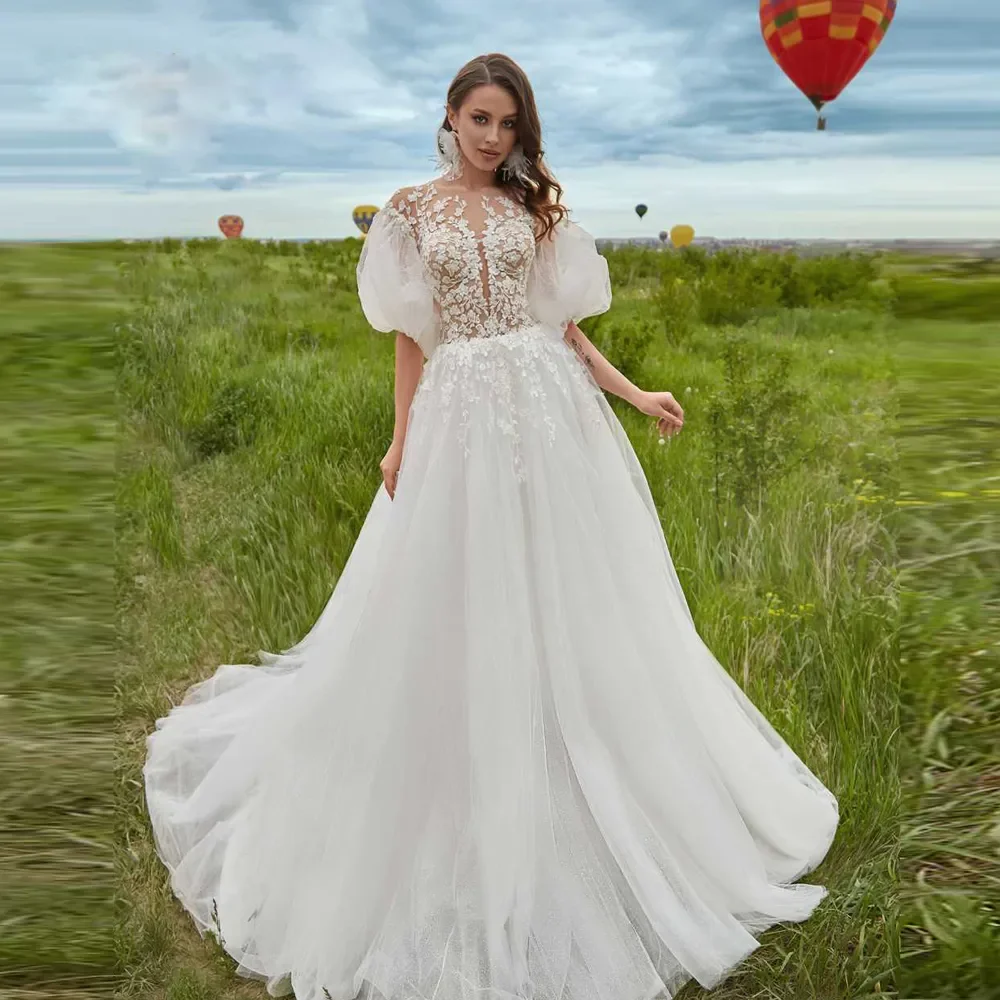 

New Exquisite Puffy Sleeve A Line Wedding Dresses Jewel Neck Lace Appliques Bridal Gown Bohemian Sweep Train Robe De Mariee