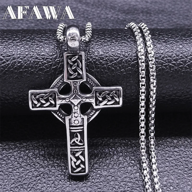 Vintage Celtic Knot Irish Cross Pendant Necklace Stainless Steel Nordic Viking Chain Necklaces Jewelry nudo de bruja NZZ299S02