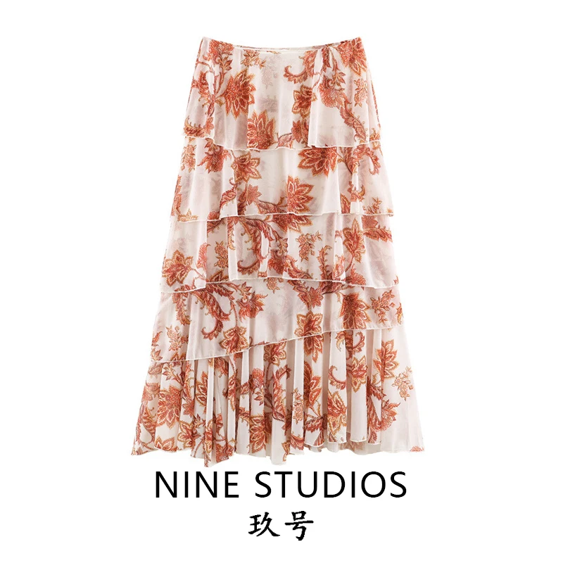 Casual Layered Print Decoration Skirt High Waist Half-length Cake Style Ladies' High Waist Printed Skirt for Women