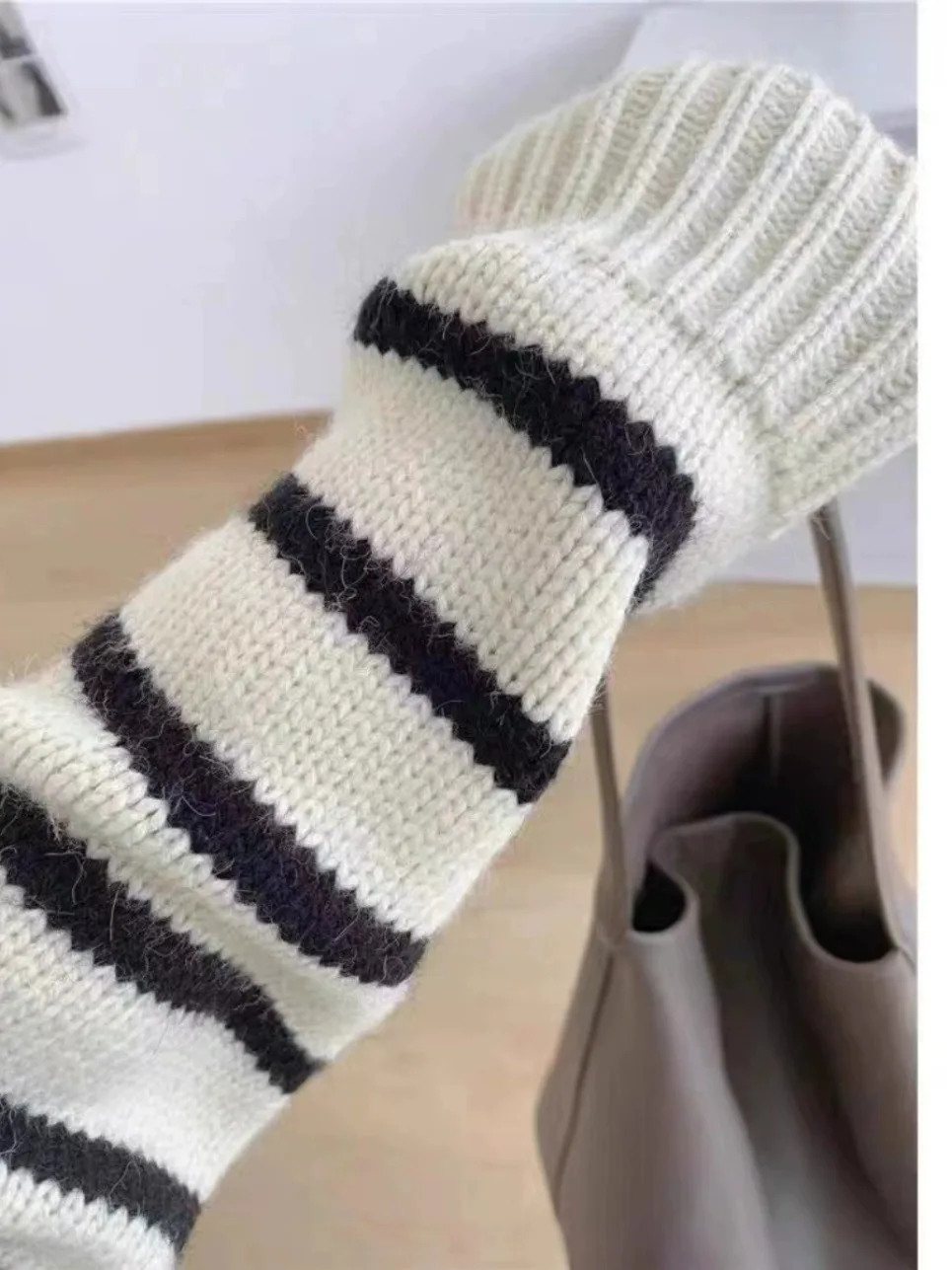 French autumn winter half collar zipper cashmere sweater women loose pullover lapel striped pure cashmere sweater trend