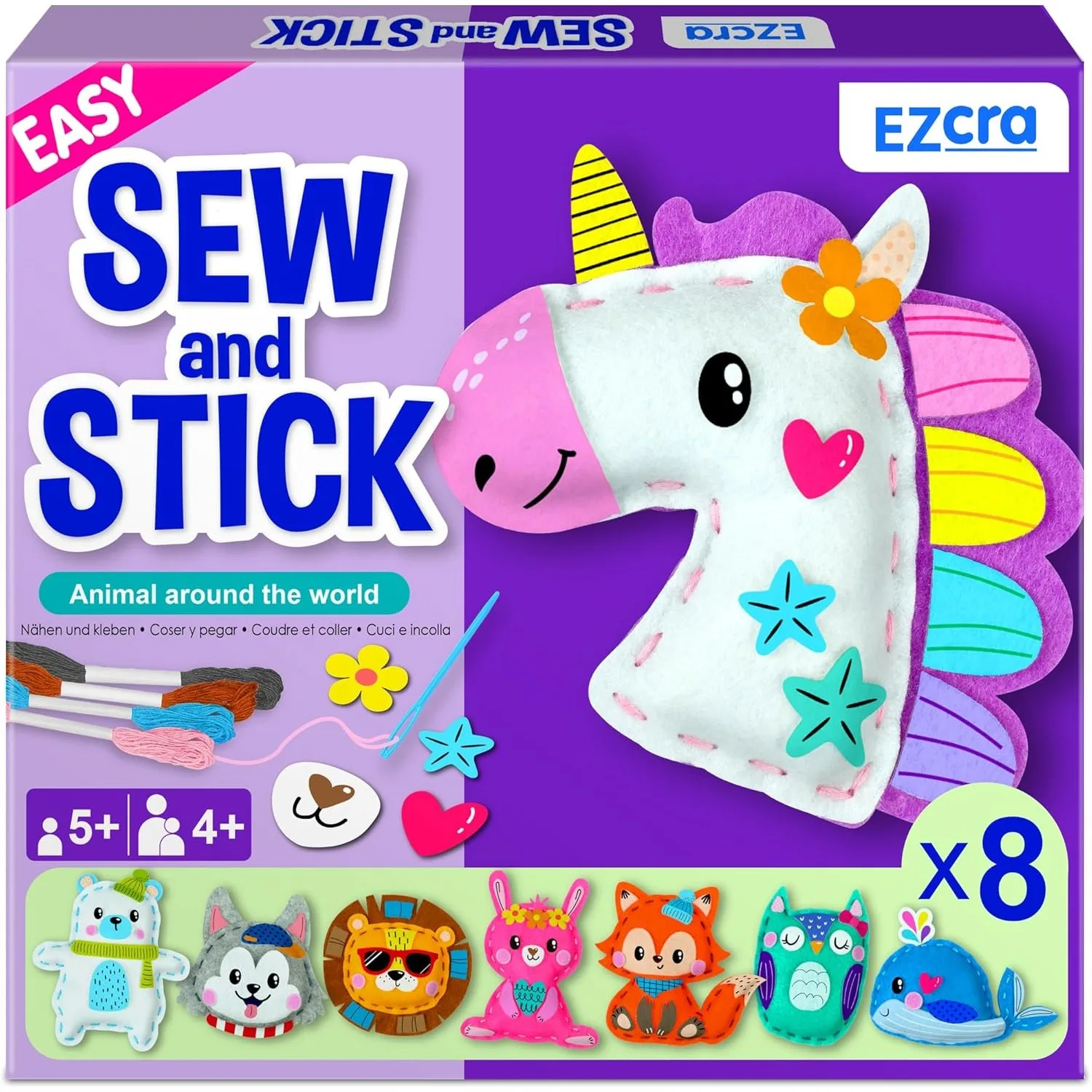 

8-in-1 Unicorn Sewing Kit for Kids Ages 4-8 - Easy No Mess Craft with Felt Stickers and Instructions for Beginners