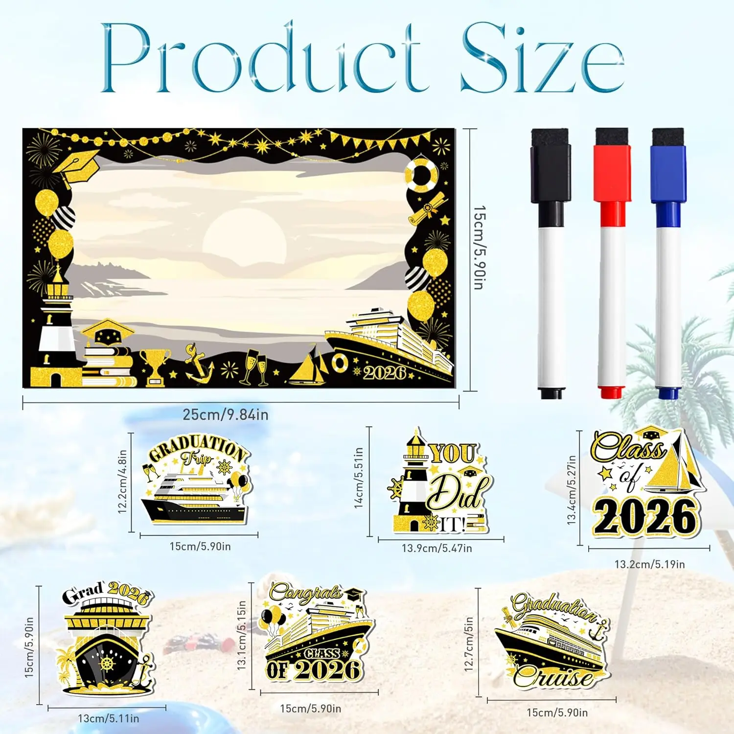 7Pcs 2026 Grad Cruise Door Magnets, Gold Black Nautical Cabin Decor with 3 Erasable Pens