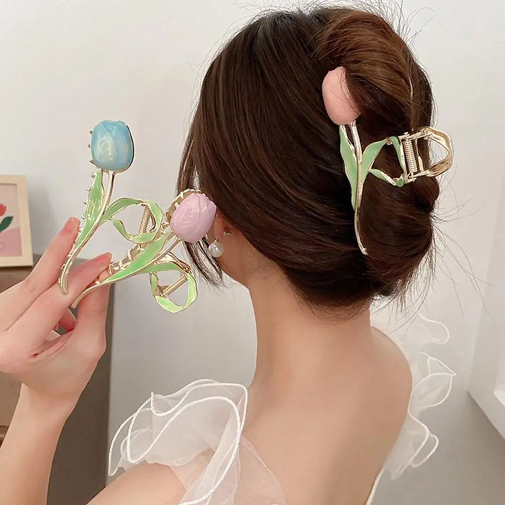 Metal Flower Hair Claw Clip Non Slip Strong Hold Women Girls Long Thick Thin Curly Hair Clamp Cute Tulip Hair Claw Accessories