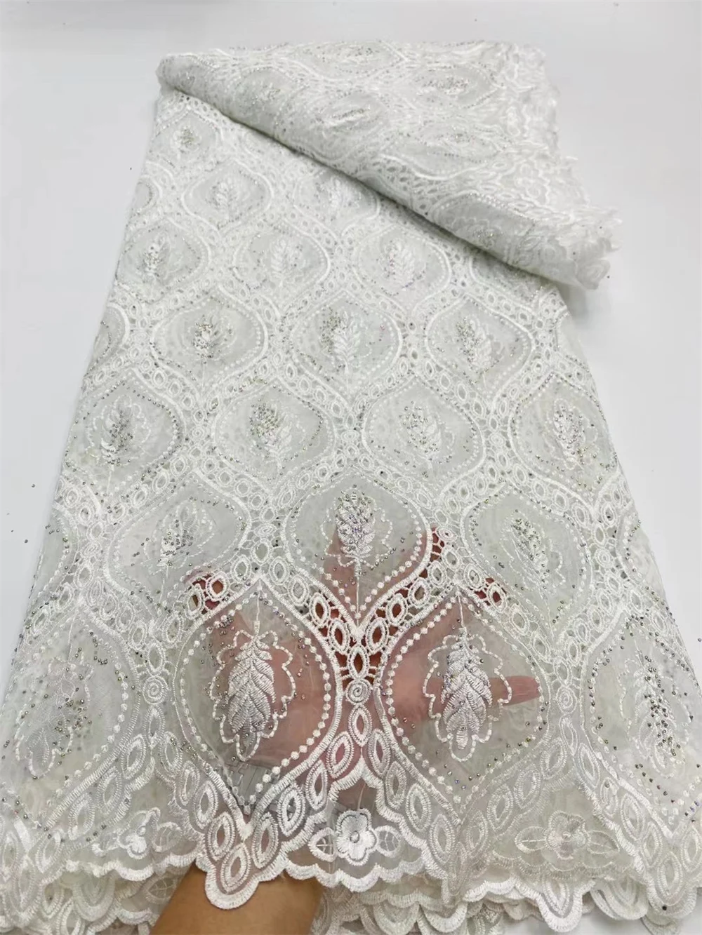 White African Lafaya Cotton Lace Fabric 2025 High Quality Swiss Voile Nigeria Rhinestones Cotton Lace For Women Evening Dresses