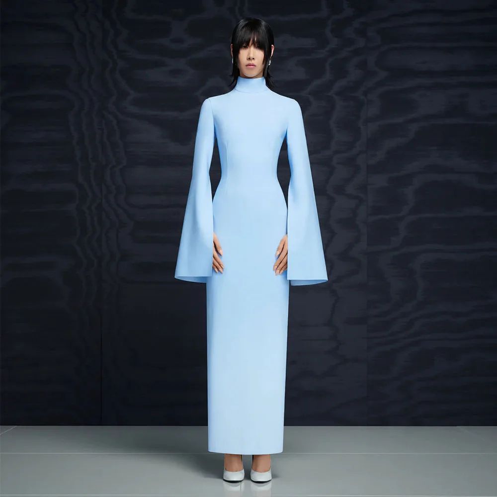 

Column Prom Dress Maxi High Collar Cloak Sleeves Simple Evening Gowns for Women Ice Blue Elegant Formal Party Dresses 2026