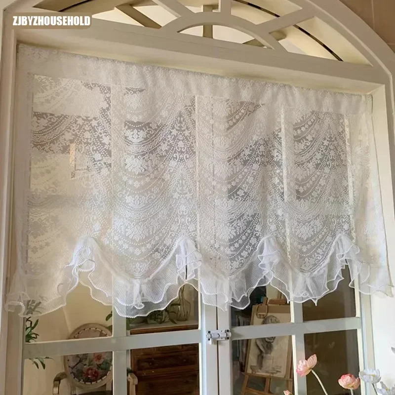 Korean Pastoral Double Lace Pearls Short Tulle Curtains European Style Window Decor White Valance Self Adhesive Curtain Head