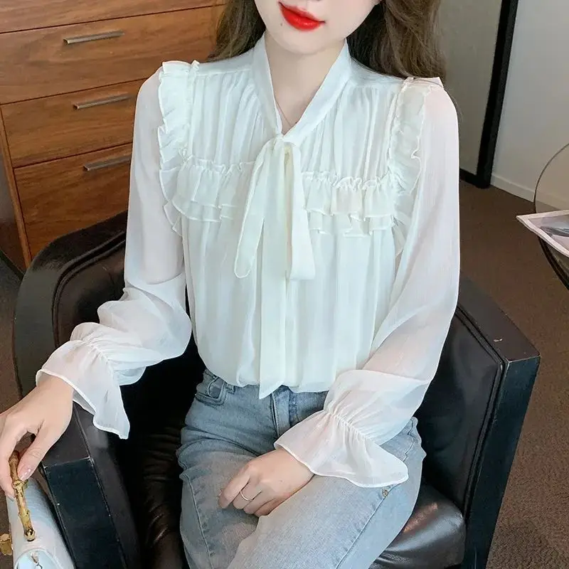 White Shirt Women\'s New Style Ribbon Chiffon Top Long Sleeved Butterfly Tie Tied French Style Small Shirt