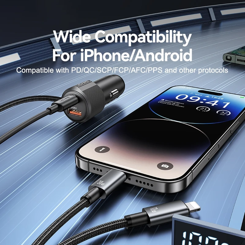 USAMS CC287 YT Series 66W USB وType-C شاحن سيارة مزدوج المنافذ مع كابل 2 في 1 (