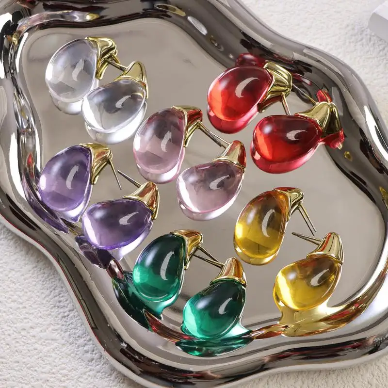 1Pair Women's Fashion Resin Earrings Minimally Colored Transparent Water Droplet Design Jewelry Accessory Gift