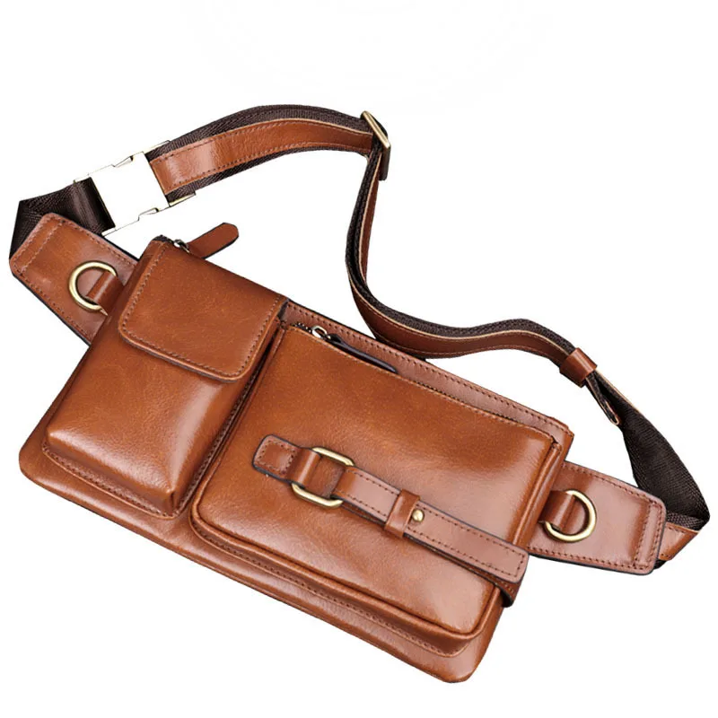 Men's Leather Waist Bag Multi-functional Oil Wax Cowhide Chest Bag with Phone Pocket