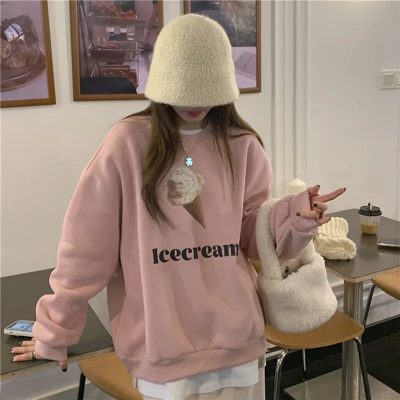 2025 Pink Fun Printed Hoodies Women Korean Loose Crewneck Sweatshirts Female Fashion Warm Autumn/Winter Pullovers Hoodie