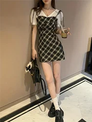 Summer New College Girl American Retro Spicy Girl Fake Two Piece Wrap Hip Skirt Academy Style Dress