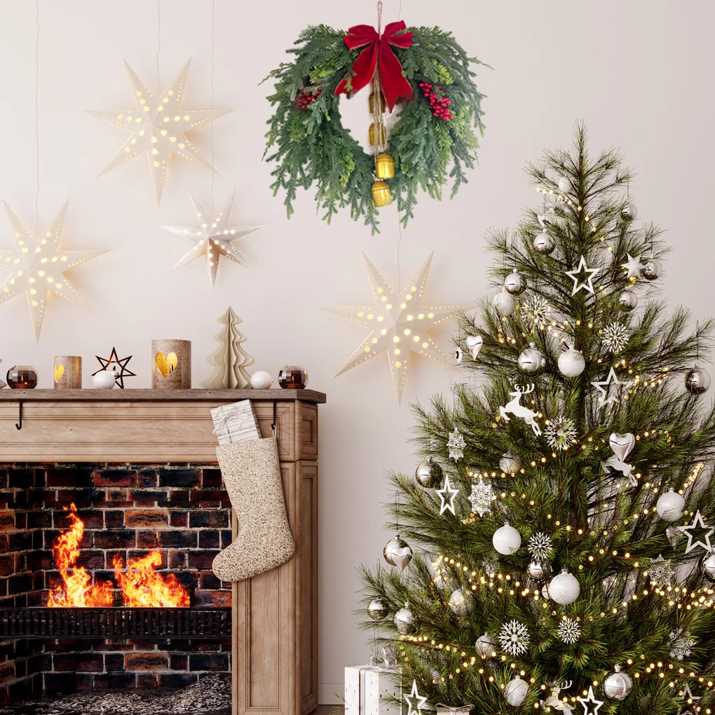 

Рождественские венки для входной двери с бантом и колокольчиком, реалистичный на ощупь венок размером 50 см, сосновый венок с имитацией лука и колокольчика