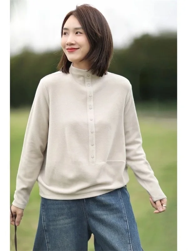 

Аутентичная женская футболка с воротником-стойкой Thiened, утягивающая внутренняя одежда, украшенная пуговицами, вязаная длинная свек из смешанного волокна