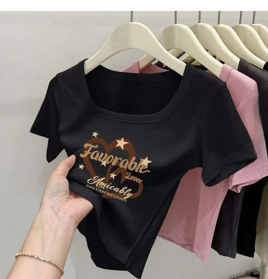 Threaded square neck short sleeved top, popular Korean commuter t-shirt, women's summer new style, pure desire style