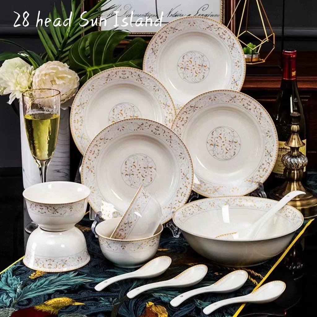 Jingdezhen luxury gift ceramic set, dishes, spoons, gold round glazed stone tools, dinner set, ceramics.