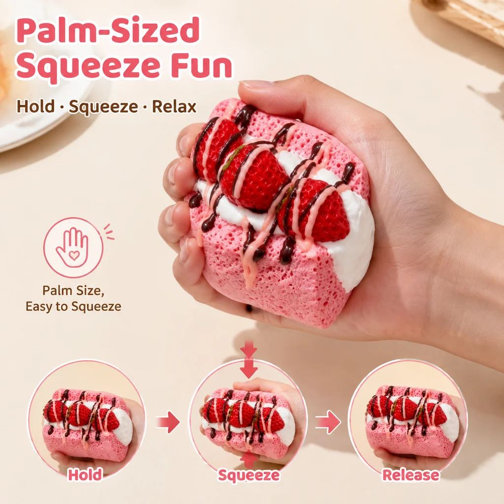 Simulated Strawberry Cake Squeeze Toy Food Grade Silicone Material Cute Pink Dessert Squishy Toy Stress Relief Fidget Toy