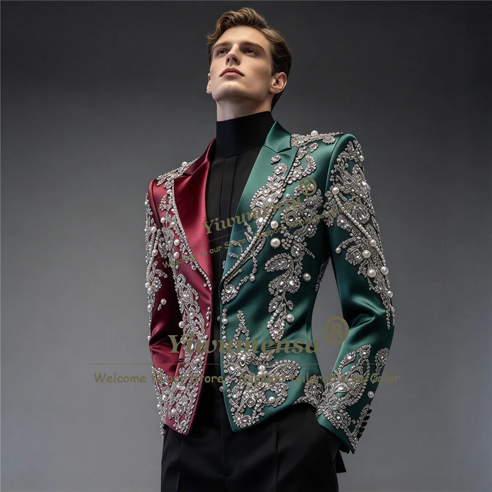 Asymmetrical Suits Men Brilliant Designer Splicing Satin Jacket Pants 2 Piece Groom Stage Tuxedo Customized Man Banquet Oufit