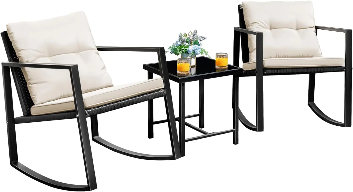 

Patio Chairs 3 Piece Wicker Rocking Chair Outdoor Bistro Sets with Coffee Table and Cushions