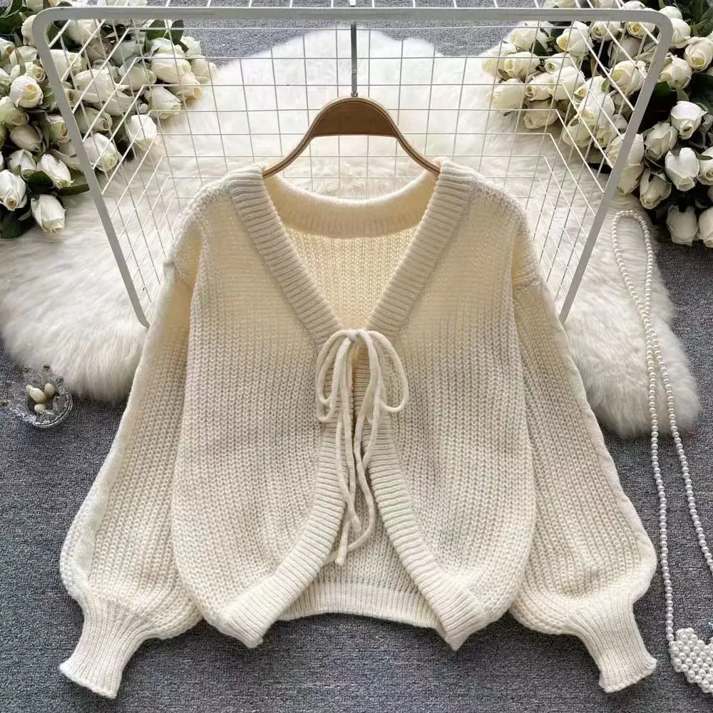 Elegant Lace Up V-Neck Lantern Sleeves Women Knit Cardigan Loose Casual All-Match Sweater Solid Color Sweet Top Autumn New Trend