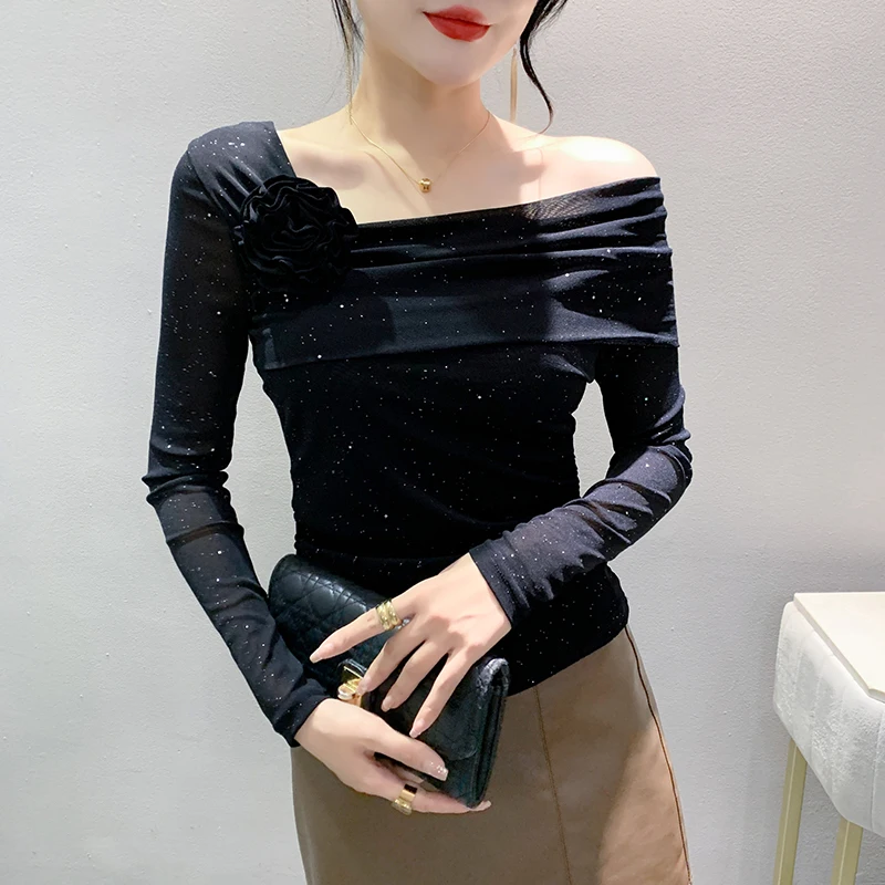 MadBlack European Clothes Tshirt Women Off Shoulder Flower Glitter Sequin Ruched Slim Mesh Top Long Sleeve Tees Spring T39448JM