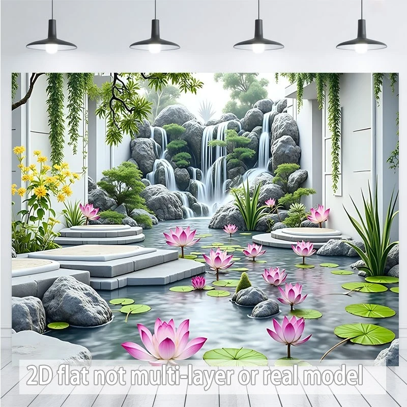 Zen Garden Tapestry Serenity Waterfall and Lotus Flower Decoration Party Room Decoration Polyester Fiber Wall Hanging